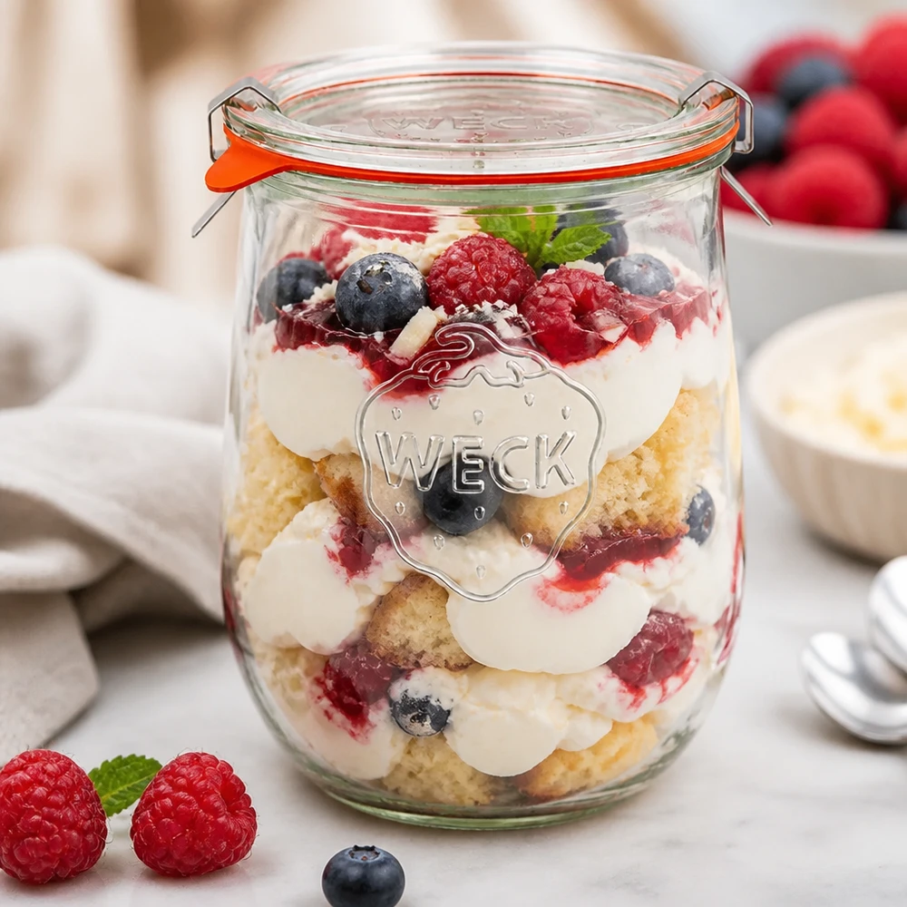 1062 ml tulipankrukke komplet WECK RR100 WECK tulipankrukke 1062ml RR100 som dessertkrukke til trifli med bær, fløde og kagebund i en lagdelt dessert