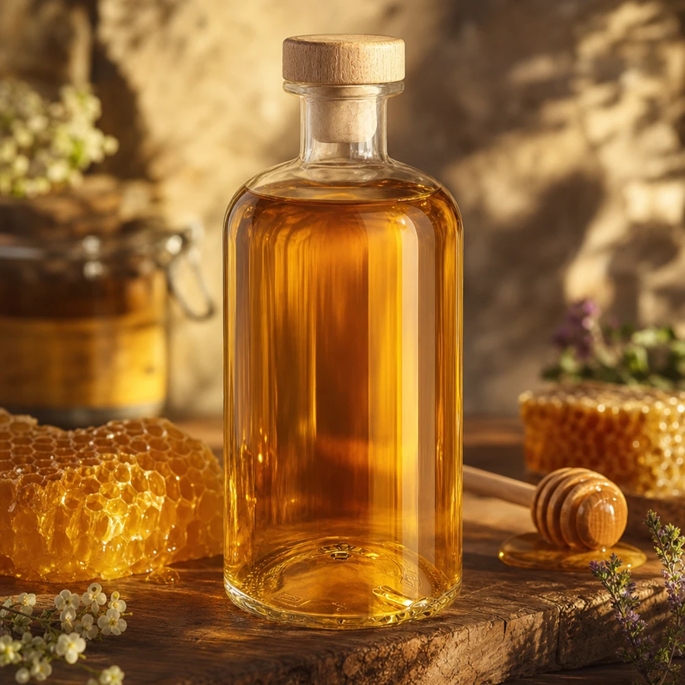 500 ml Apoteksflaske »Flora« med træhåndtag og prop UNiTWIST® Flora 500 ml glasflaske fyldt med honning ved siden af honeycomb og honey dipper på en rustik træplade i varmt lys