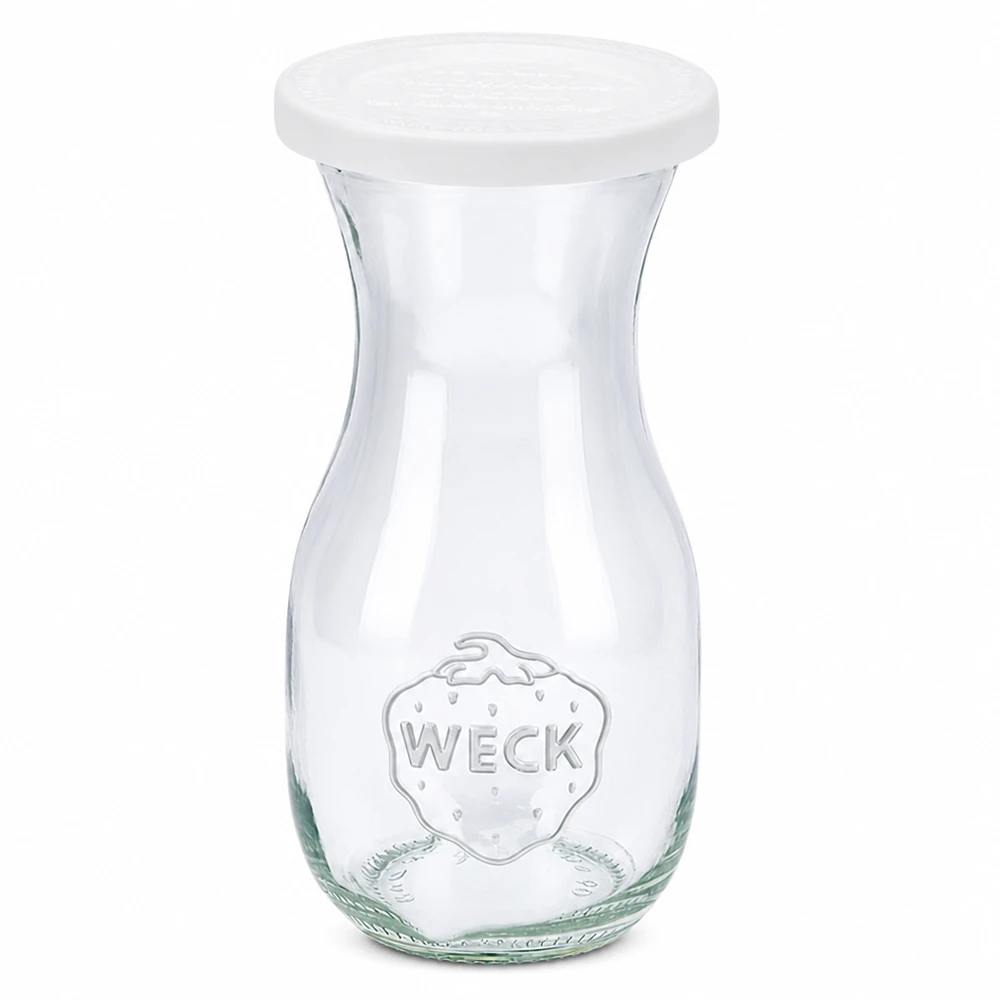 290 ml saftflaske med friskhedslåg WECK RR60 WECK juiceflaske 290 ml med hvidt friskhedslåg RR60 af klart glas med præget logo