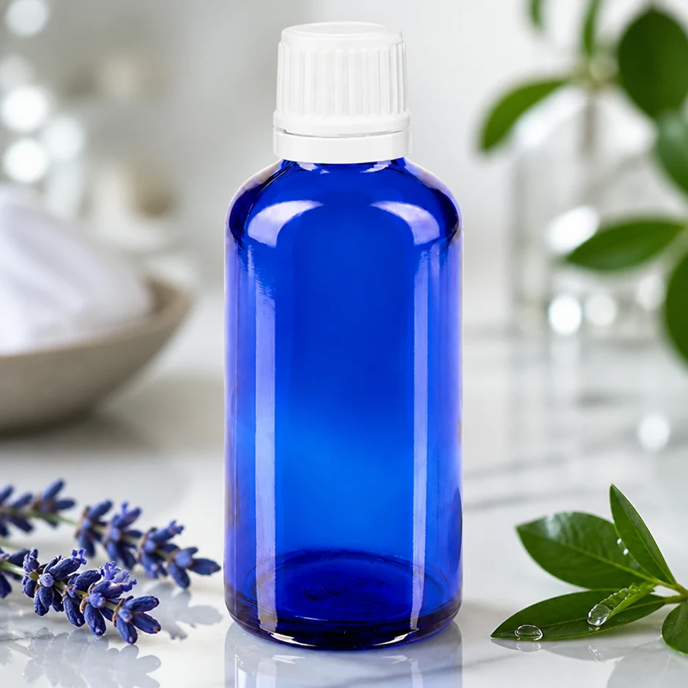 Apoteksflaske blå 50 ml skruelåg hvid OV Blå 50 ml glasflaske med børnesikret hvid prop ved siden af friske lavendelgrene