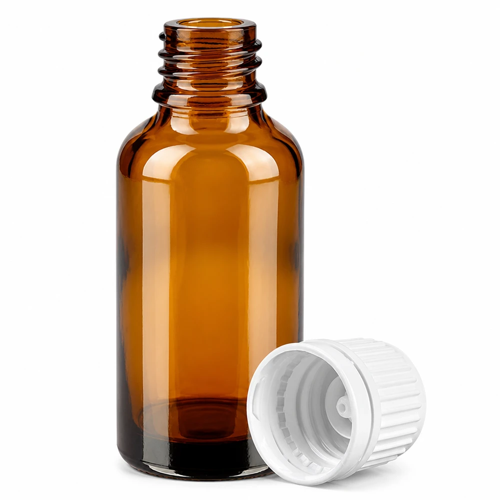 30 ml flaske 11 mm SV hvid OV BrownLine UT18/30 30 ml ravfarvet glasflaske med UV-beskyttelse og børnesikret hætte til farmaceutiske anvendelser