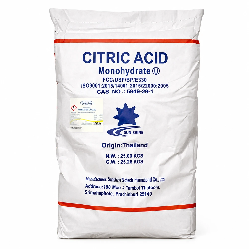 25 kg citronsyremonohydrat E330 i hvid industripose til fødevareproduktion