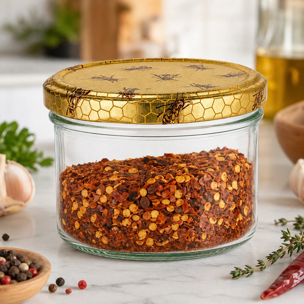 300 g honningglas med låg med honningkagemønster BasicSeal UNiTWIST 300 g honningkrukke med honeycomb-låg kan bruges som krydderikrukke til chiliflager i køkkenet