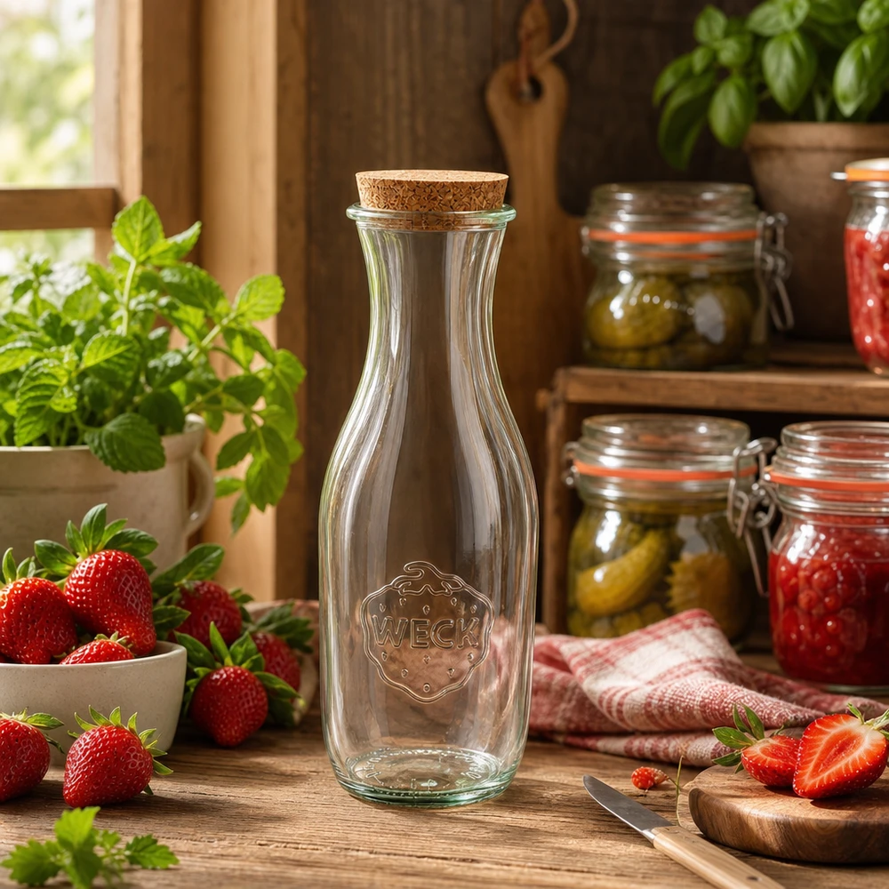 1062 ml juiceflaske WECK RR60 med kork natur WECK-glasflaske 1062 ml i rustikt køkken arrangeret dekorativt med friske jordbær og syltetøjsglas