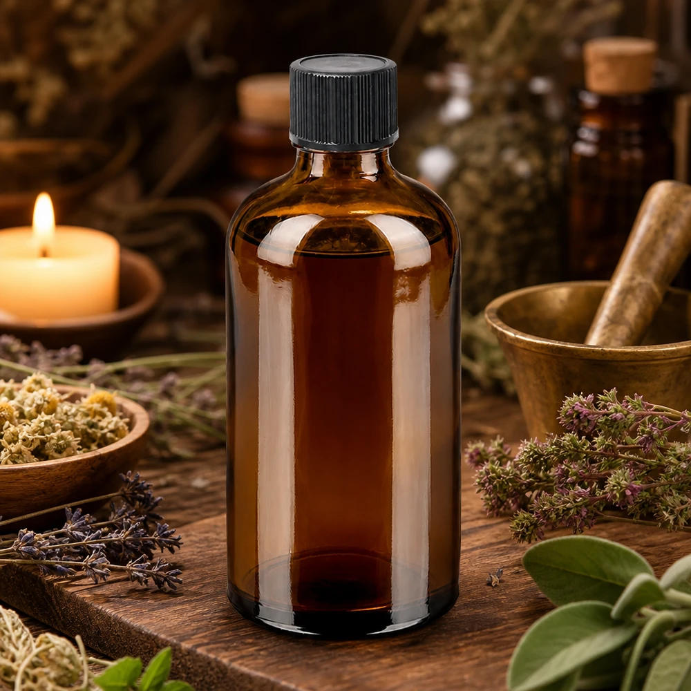 100 ml dråbeflaske 1 mm sort STD BrownLine UT18/100 Sort 1 mm dråbehætte på 100 ml ravfarvet glasflaske til præcis dosering af naturlige ekstrakter