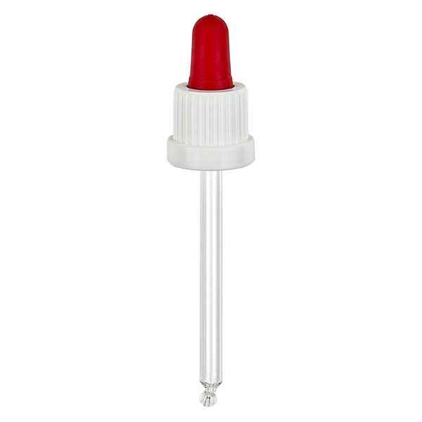 Pipettehætte hvid/rød DIN18, 85 mm pipettelængde med tamper-evident ring. Alkoholtæt. Til ApoGlas® 50 ml brun(+++), blå(+++), grøn(+++) med 18 mm gevind.