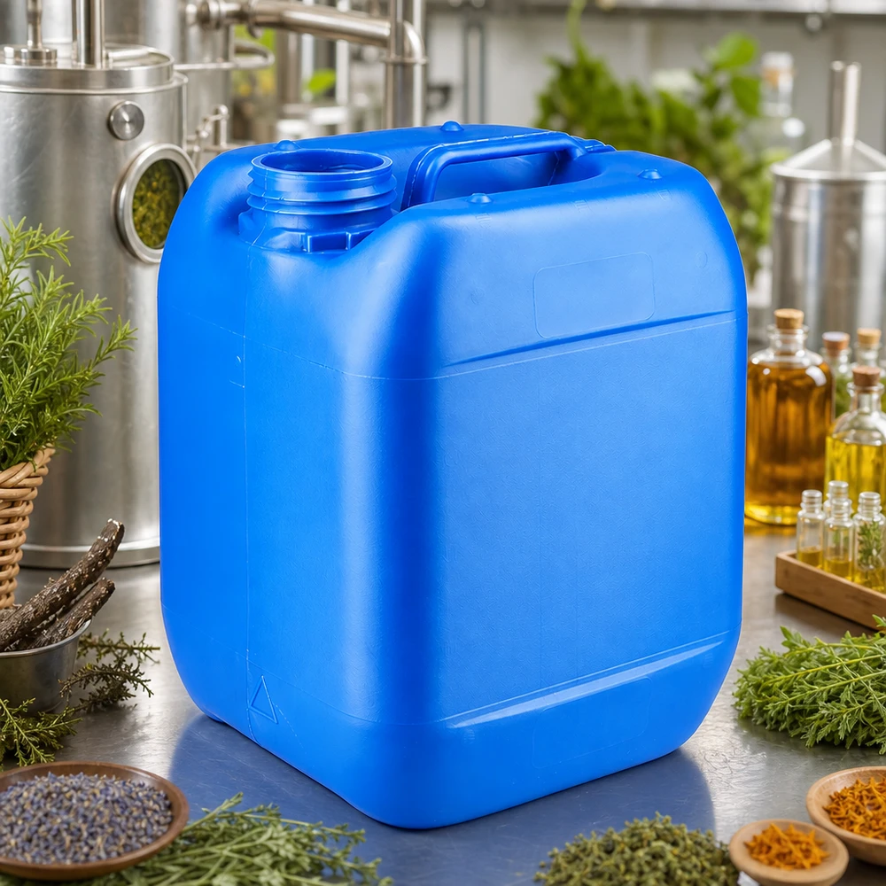 Blå 5-liters plastdunk uden låg, omgivet af urter og æteriske olier