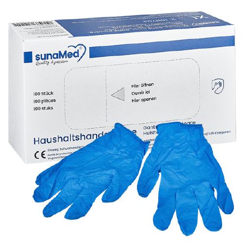 Æske med 100 SunaMed engangshandsker størrelse XL - Beskytter din hud pålideligt. Ren nitril, latexfri og pudderfri. Æske med 100 SunaMed engangshandsker størrelse XL - Beskytter din hud pålideligt. Ren nitril, latexfri og pudderfri.