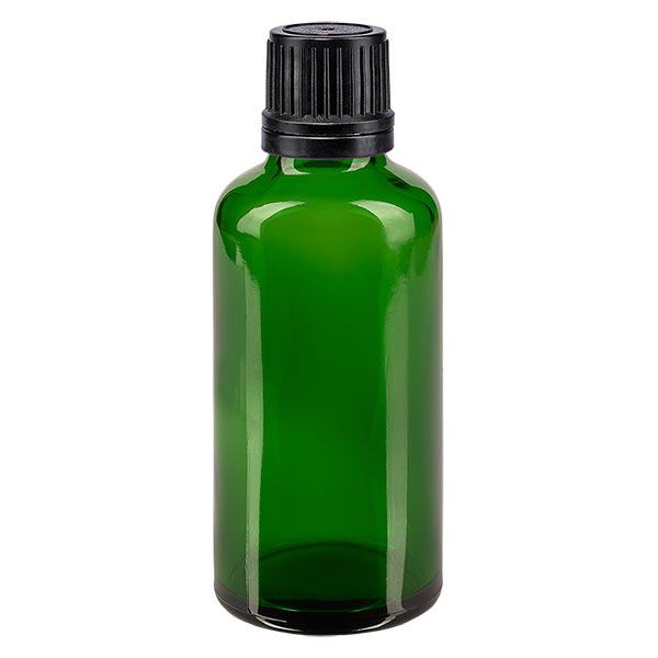 Apoteksflaske grøn 50ml skruelåg sort hælde r. OV Apoteksflaske grøn 50ml skruelåg sort hælde r. OV