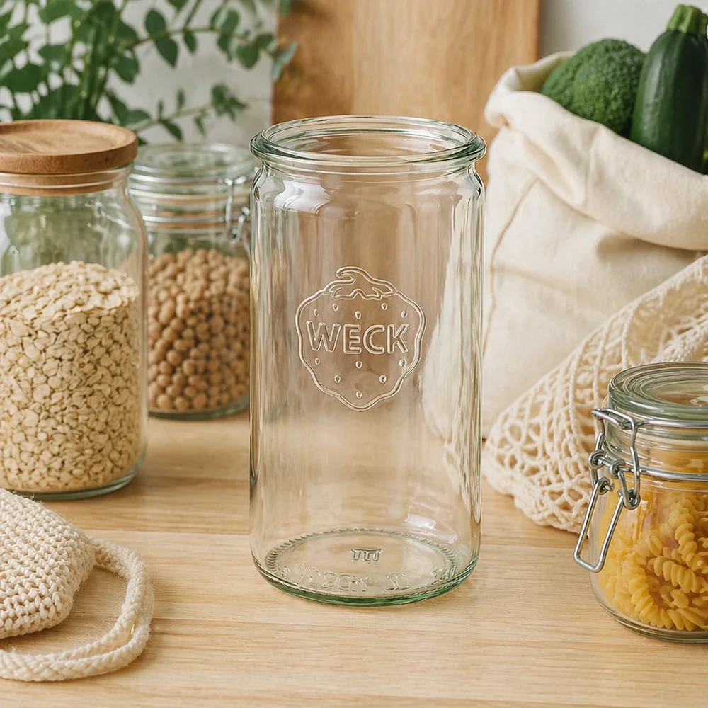 340 ml WECK RR60-glasbeholder WECK cylinderkrukke 340 ml RR60 i bæredygtigt zero-waste-køkken med opbevaringskrukker og bomuldsposer