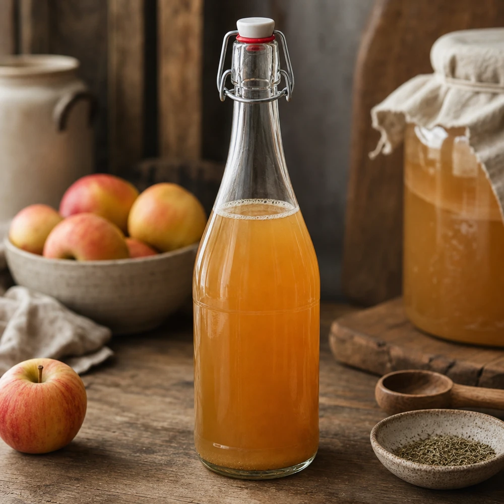 750 ml glasflaske og hængelåg i PVC UNiTWIST 750 ml glasflaske med svingtop fyldt med æblejuice rustikt køkken frugt træbord naturligt hjemmelavet