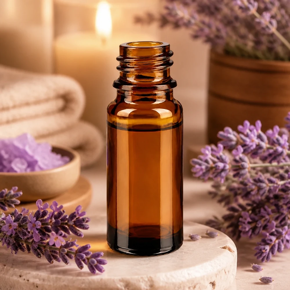 Dropperflaske 10 ml DIN 18 lavet af ravfarvet glas 10 ml brun apotekerflaske ApoGlas med lavendel og wellness-tilbehør i en afslappende spa-indstilling