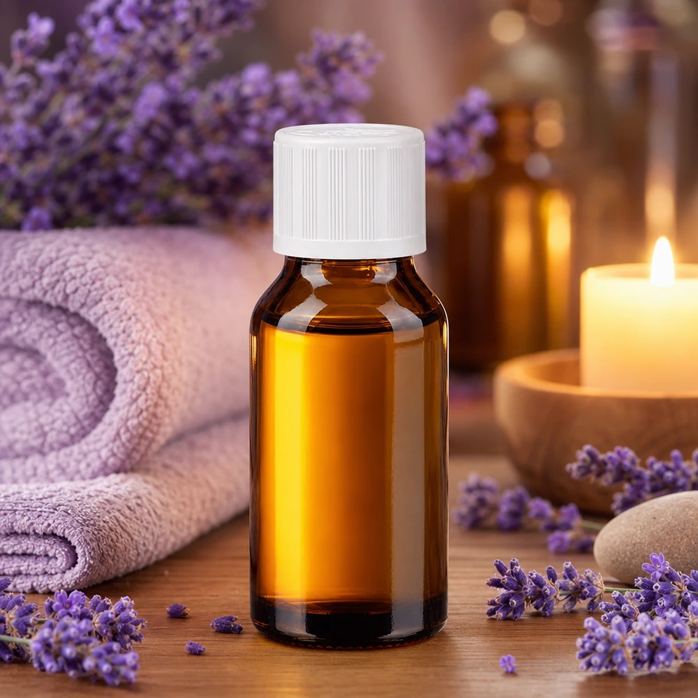 Apoteksflaske brun 30ml skruelåg hvid KiSi St Brun glasflaske på 30 ml med hvid børnesikret låg ved siden af lavendelblomster og et stearinlys