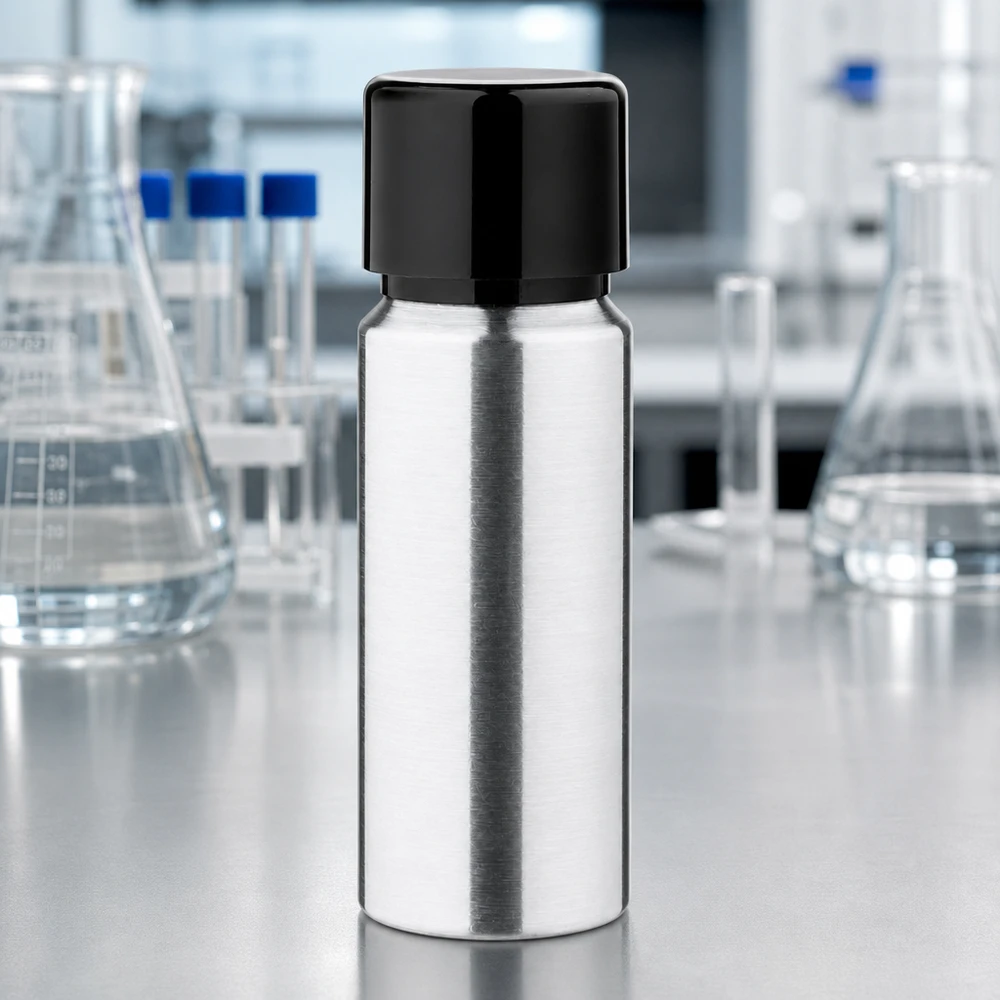 20 ml flaske i poleret aluminium med skruelåg Elegant 20 ml aluminiumsflaske med skinnende metaloverflade og sort hætte til premiumprodukter
