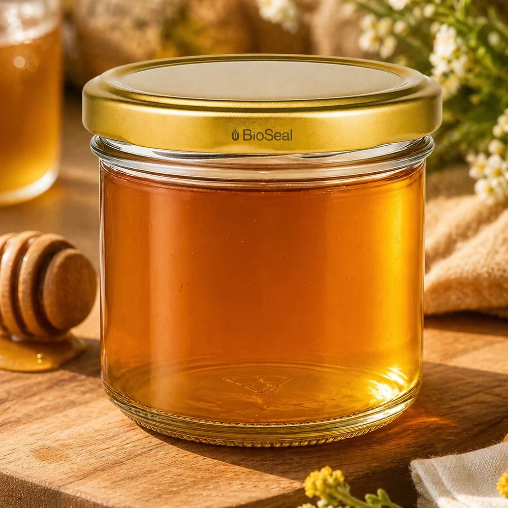 UNiTWIST Lintel125 med guld. Dæksel TO66 BioSeal UNiTWIST-glas 125 ml fyldt med honning - gyldent TO66 BioSeal-låg på træplade med honningske
