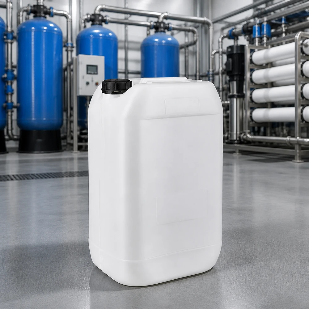 Tom 15-liters dunk med originalforsegling foran et industrielt vandrensningsanlæg
