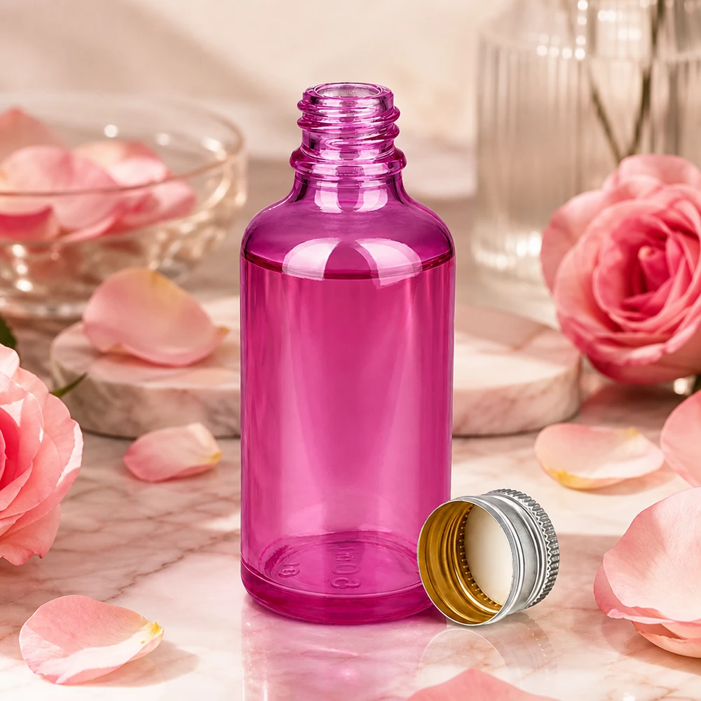 50 ml flaske 11 mm skruelåg aluminium-sølv standard PurpleLine.UT18/50 Lilla glasflaske 50 ml med sølvhætte - perfekt til DIY-kosmetik og naturkosmetik