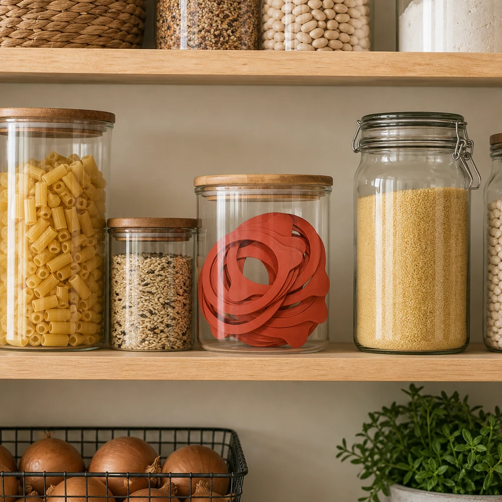 Kogende ring af naturgummi RR100 Rote Einkochringe RR100 in Vorratsglas mit Holzdeckel zwischen Küchen-Vorräten auf modernen Holzregalen