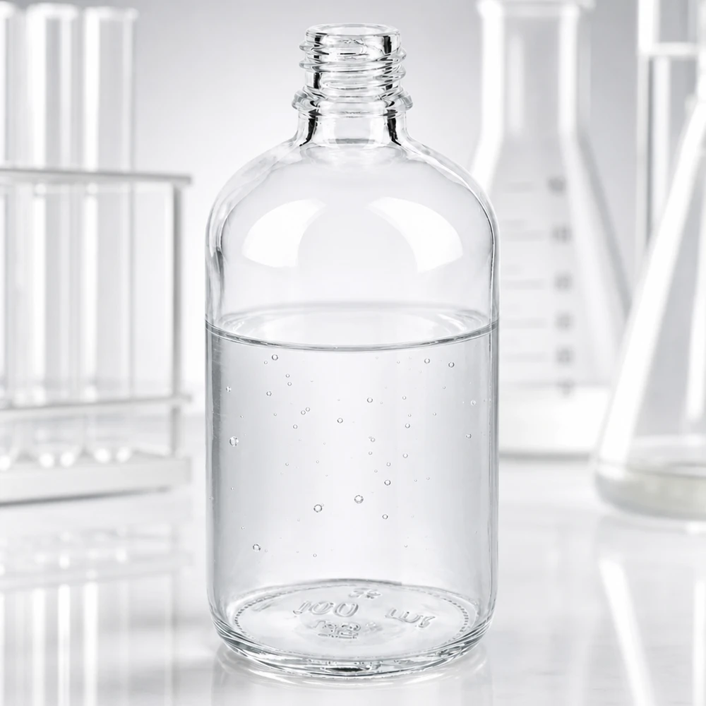 Gennemsigtig 100 ml apoteksflaske i ApoGlas med bred åbning for nem påfyldning og rengøring