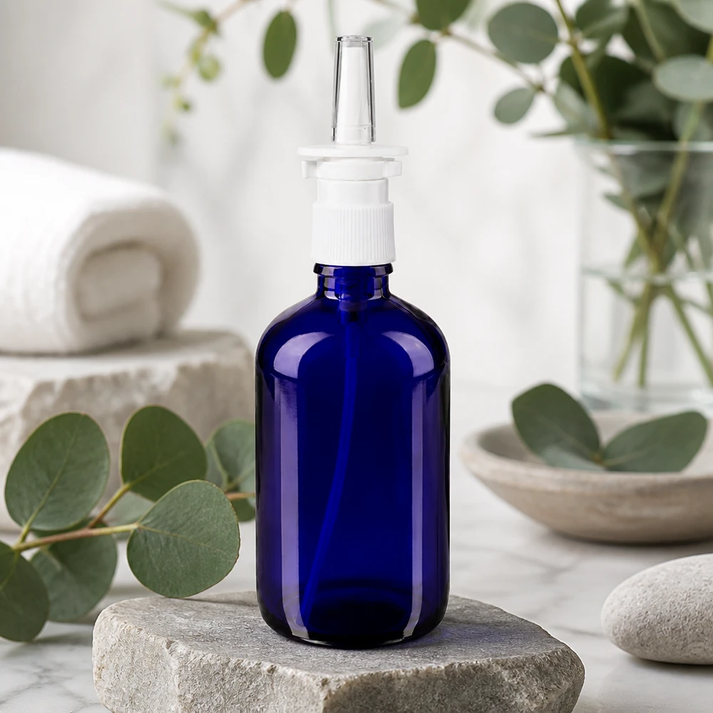 Blå 100 ml apotekerflaske af glas med næsesprayhoved på natursten foran eukalyptus