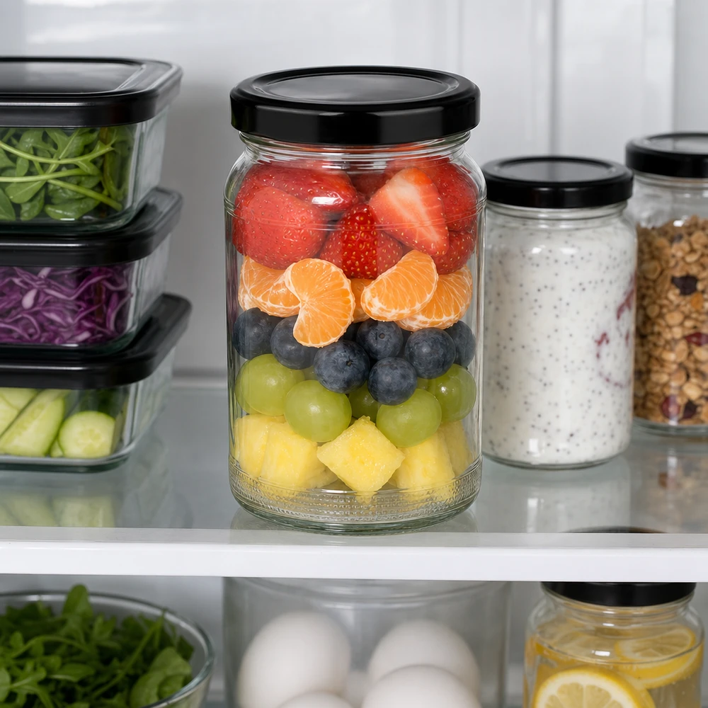 UNiTWIST Runda110 med sort. TO48 BasicSeal-låg UNiTWIST Rundglas 110ml mit geschichtetem Obstsalat im Kühlschrank neben Vorratsgläsern mit schwarzem TO48 Deckel