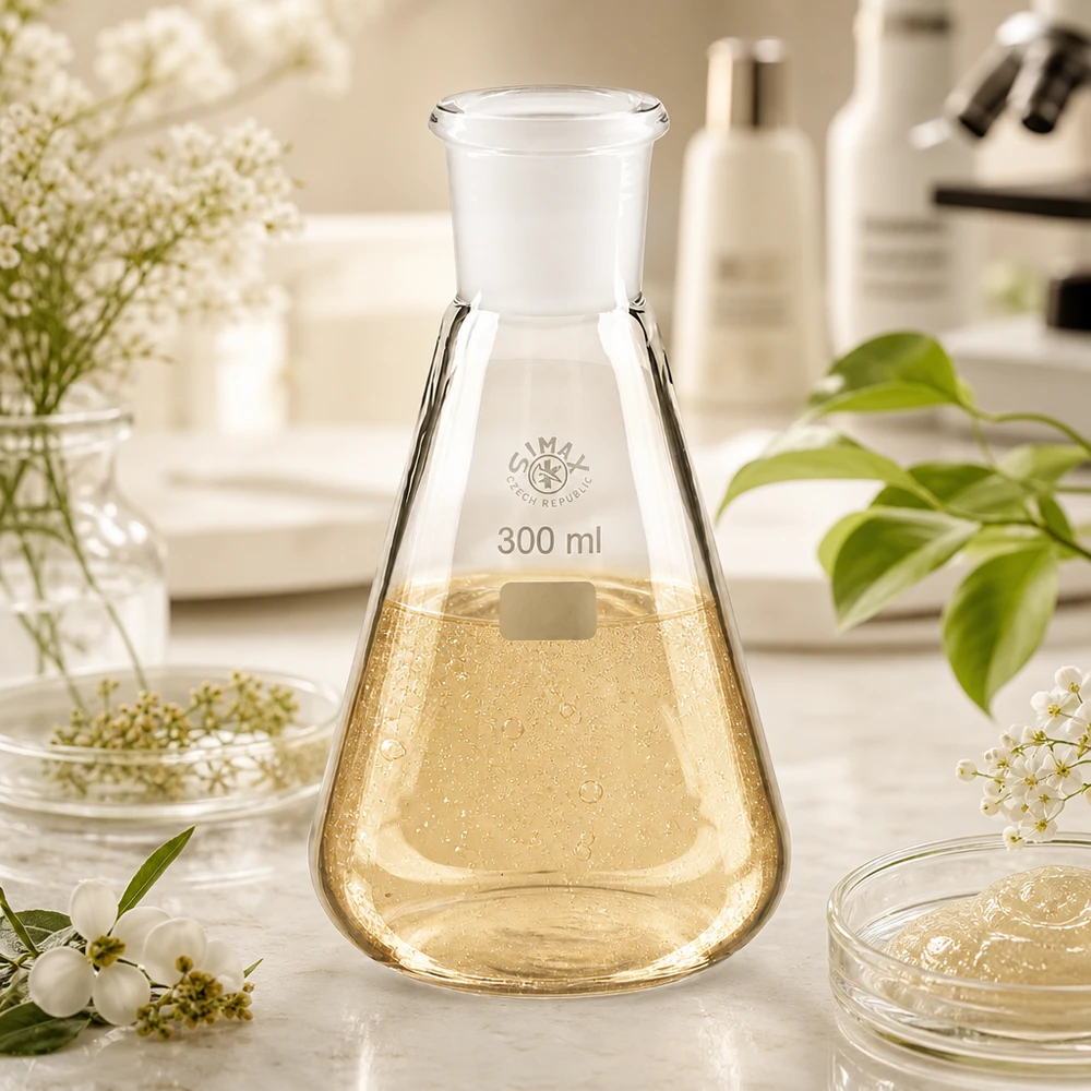 Erlenmeyer-kolbe 300 ml med standard slebet led (29/32) Erlenmeyer-kolbe 300 ml med slebet standardfuge 29/32 og gyldengul opløsning til videnskabelige eksperimenter