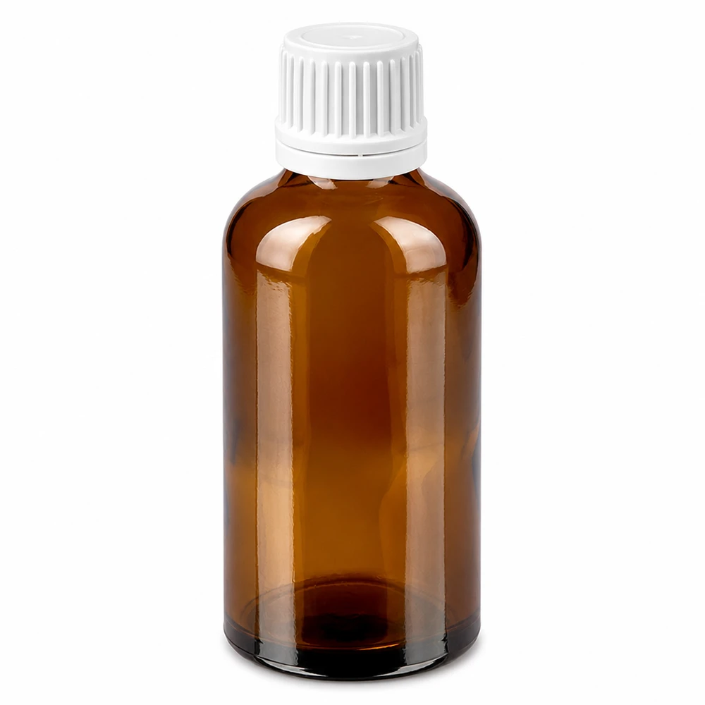 50 ml flaske 11 mm SV hvid OV BrownLine UT18/50 50 ml ravfarvet glasflaske med hvidt skruelåg til medicin og kosmetik