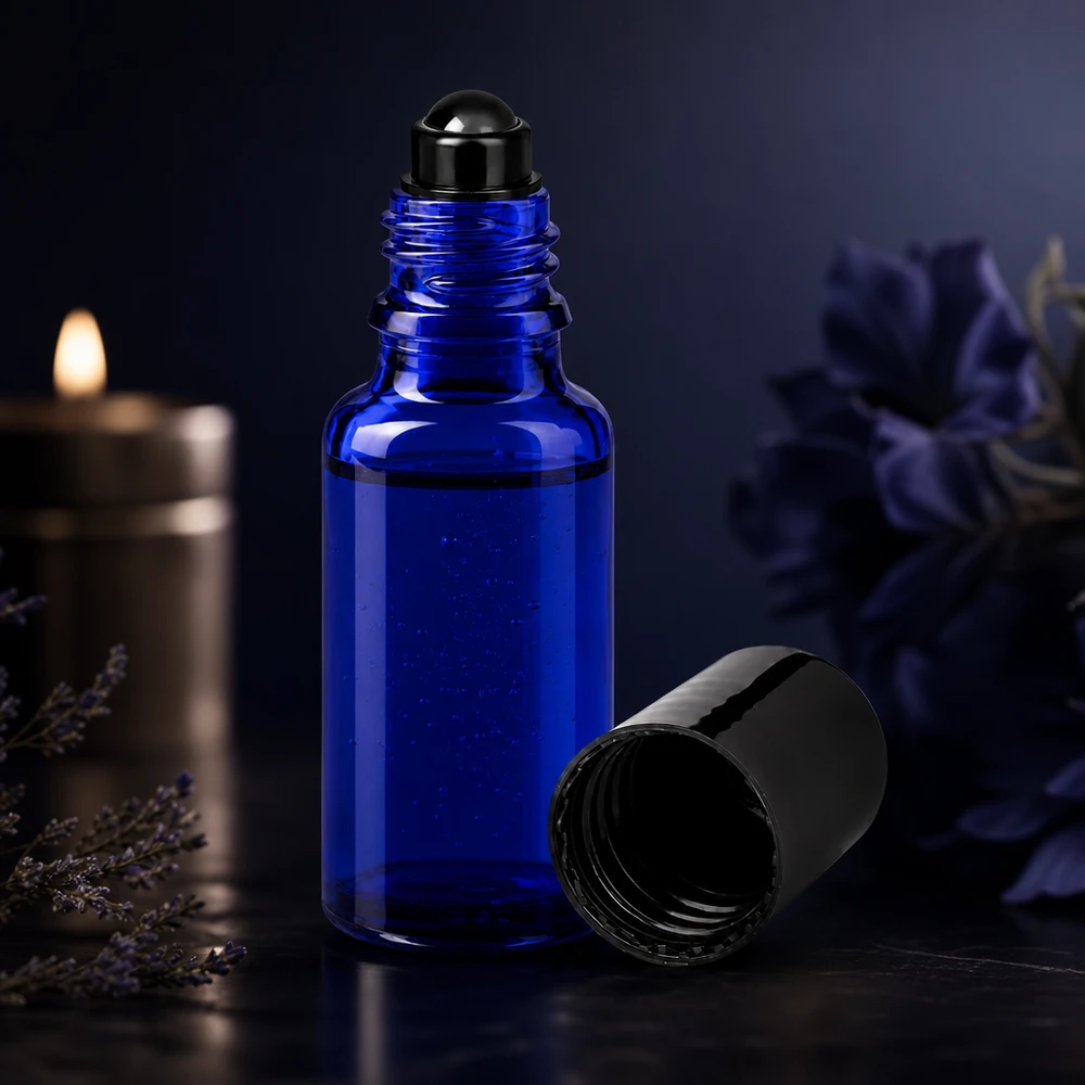 Apoteksflaske blå 20 ml roll-on-hætte sort Lille 20 ml apotekerflaske i blå med rulleapplikator og aftageligt sort låg