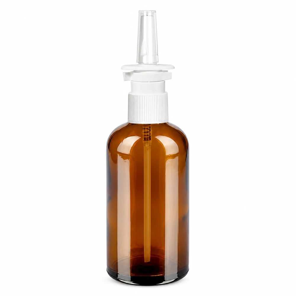 100 ml næsesprayflaske m./tr. STD BrownLine UT18/100 100 ml næsesprayflaske brun med gennemsigtigt sprayhoved til medicinsk brug