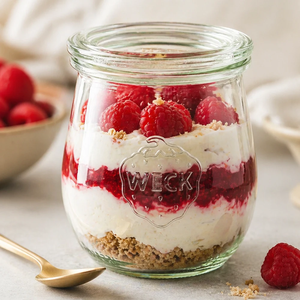 220 ml tulpanglas med glaslåg WECK RR60 WECK tulipankrukke 220 ml RR60 som dessertkrukke fyldt med hindbær og fløde ved siden af en gylden ske på et marmorbord
