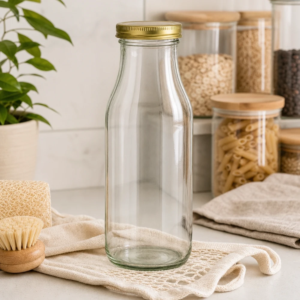 UNiTWIST Flaske263 med guld. Låg TO43 BioSeal UNiTWIST Bottle263 glasflaske med gyldent TO43 BioSeal-låg i bæredygtigt nulspildskøkken med opbevaringskrukker