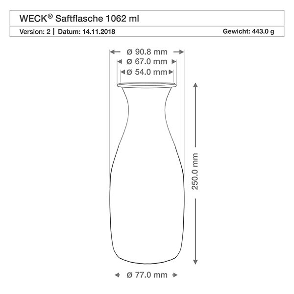 1062 ml juiceflaske WECK RR60 med kork natur Teknisk tegning WECK juiceflaske 1062ml RR60 med mål og specifikationer for glasflaske