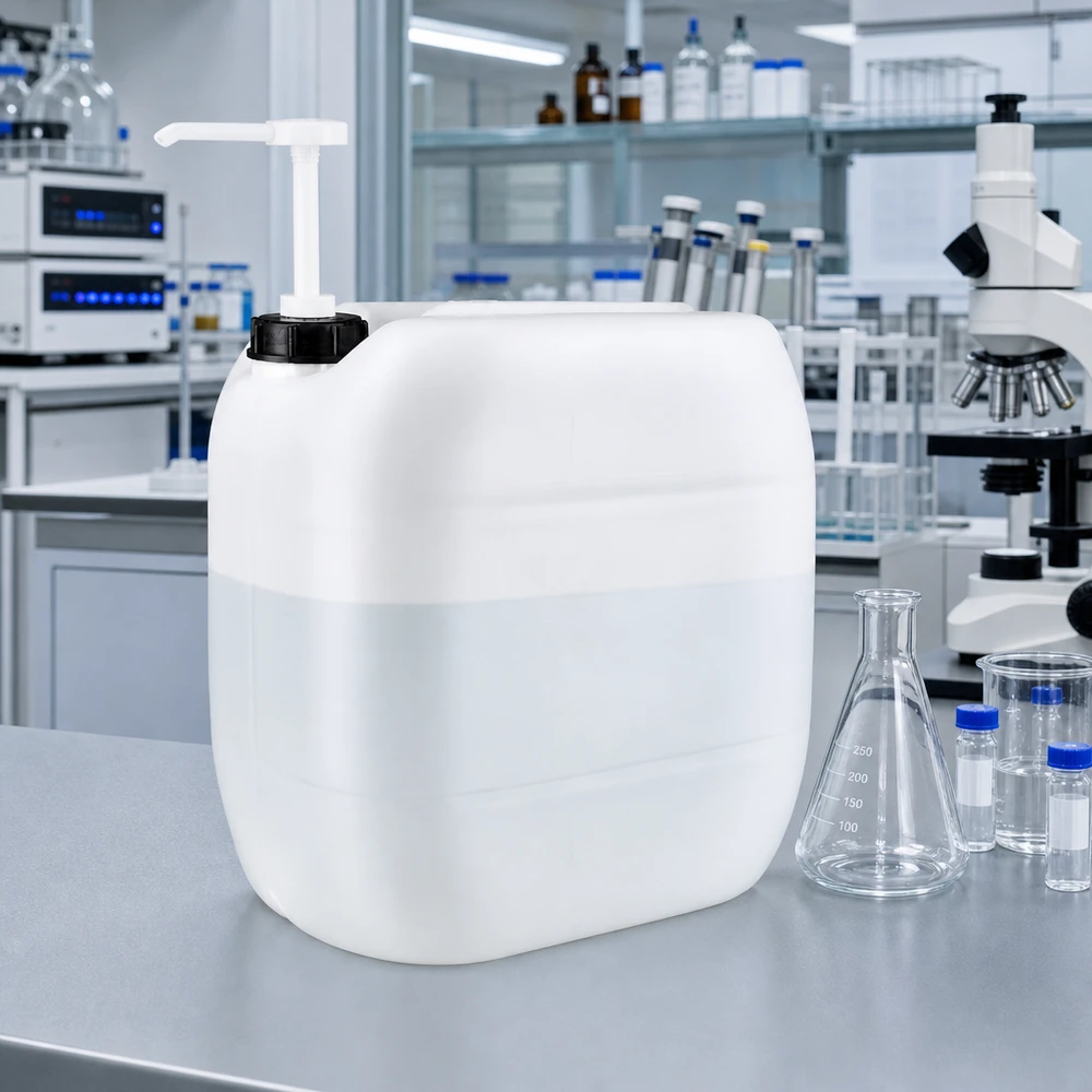 Beholder 30 liter med doseringspumpe Rektangulær HDPE-beholder på 30 liter med doseringspumpe i et moderne laboratoriemiljø