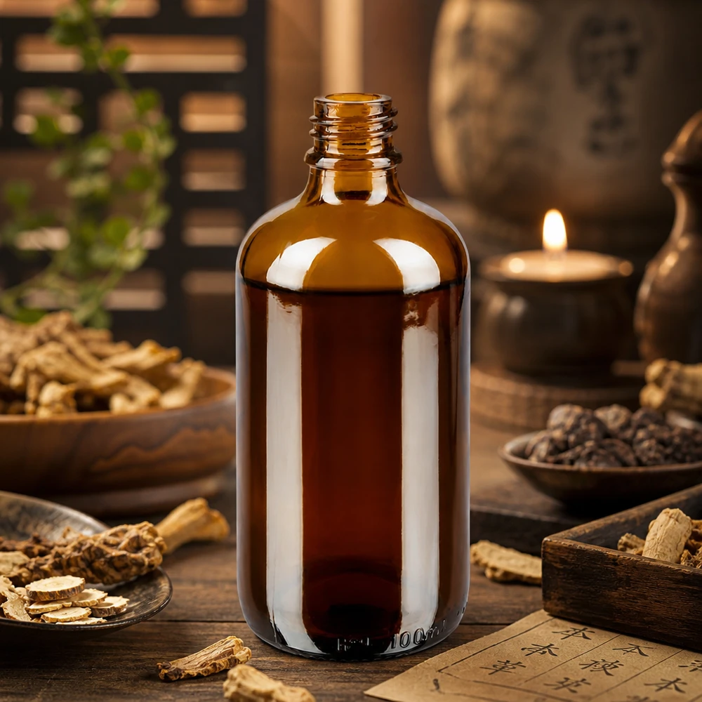 100 ml brun Apoteksflaske ApoGlas 100 ml brun apotekerflaske ApoGlas med TCM-urter ginseng og peber i asiatisk helbredelsespraksis