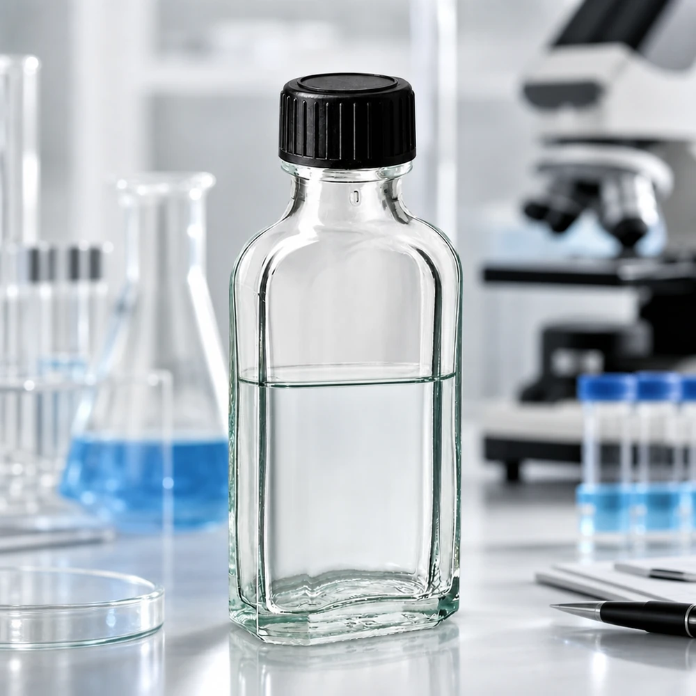 50 ml Meplat klar skruelåg med LKD-forseglingsskive 50 ml Meplat-flaske, gennemsigtig, med LKD-tætningsskive til brug i et professionelt laboratoriemiljø med mikroskop