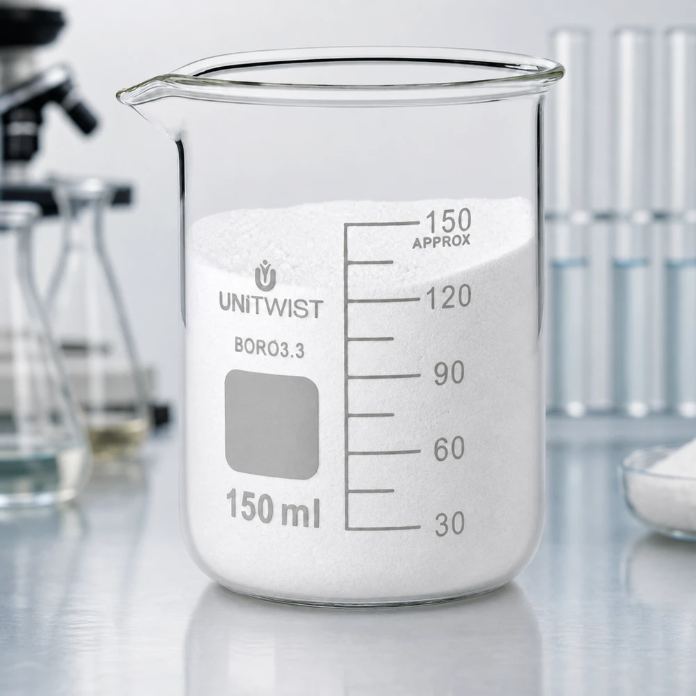 Bæger 150 ml borosilikat, lav form UNiTwist UNiTwist-bæger, 150 ml, borosilikatglas 3.3, lav form, fyldt med hvidt pulver i laboratoriet