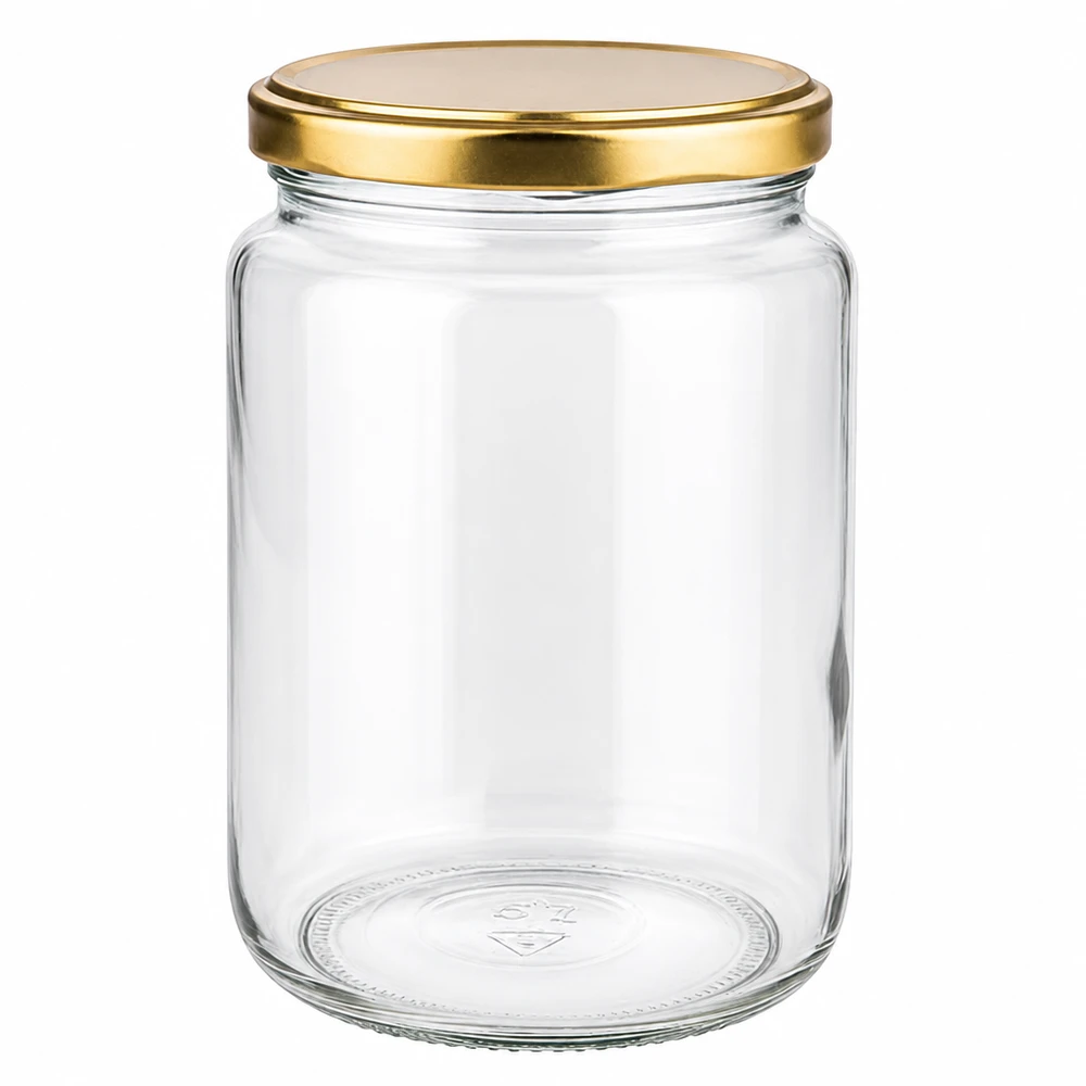 795 ml rund krukke med BasicSeal-låg i guld UNiTWIST 795 ml rund krukke med gyldent BasicSeal UNiTWIST-låg - tom konserveringskrukke af klart glas til konservering