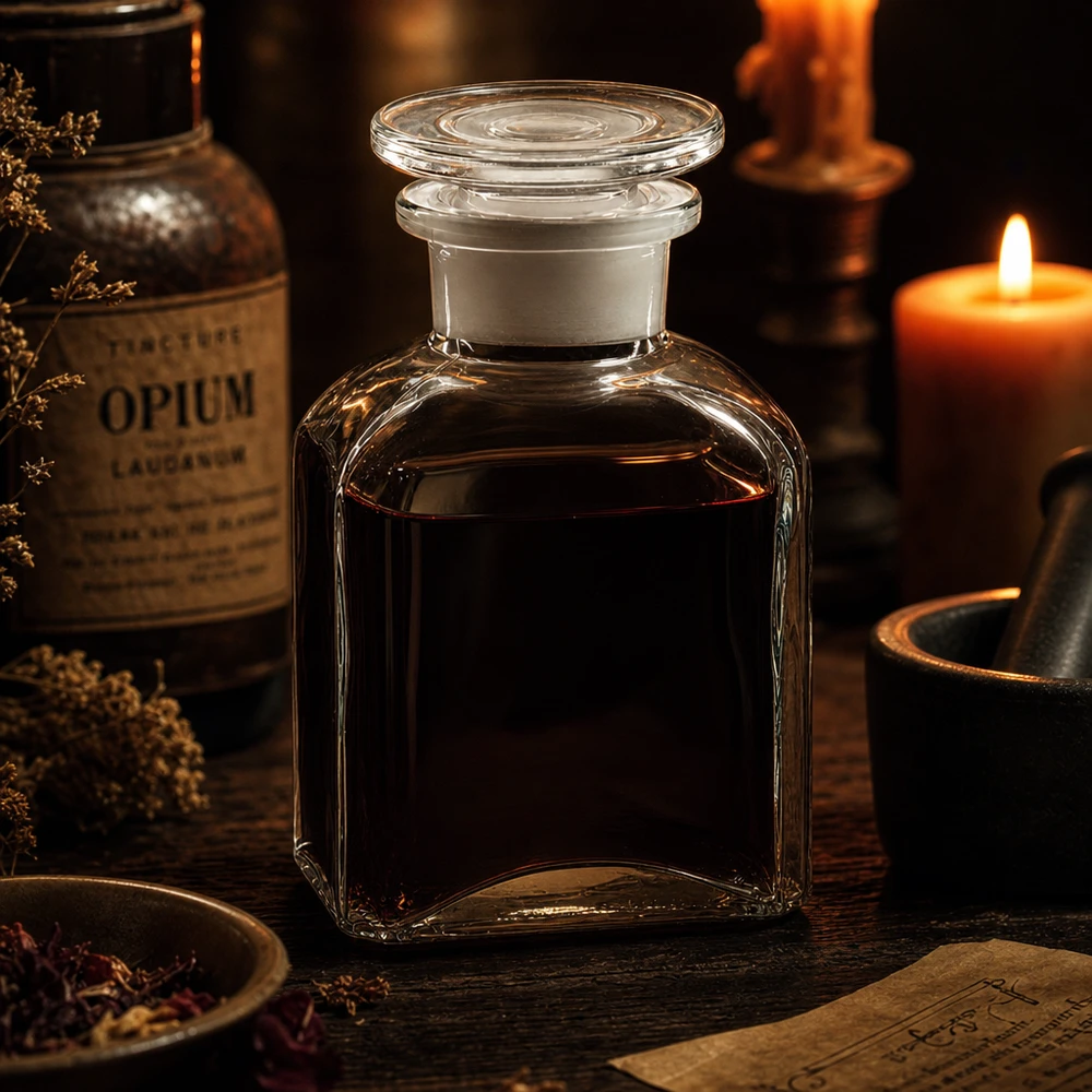 Firkantet flaske 150 ml klar glasprop med bred hals Historisk apotekerflaske, 150 ml, klar, firkantet, med glasprop til tinkturer og lægemidler