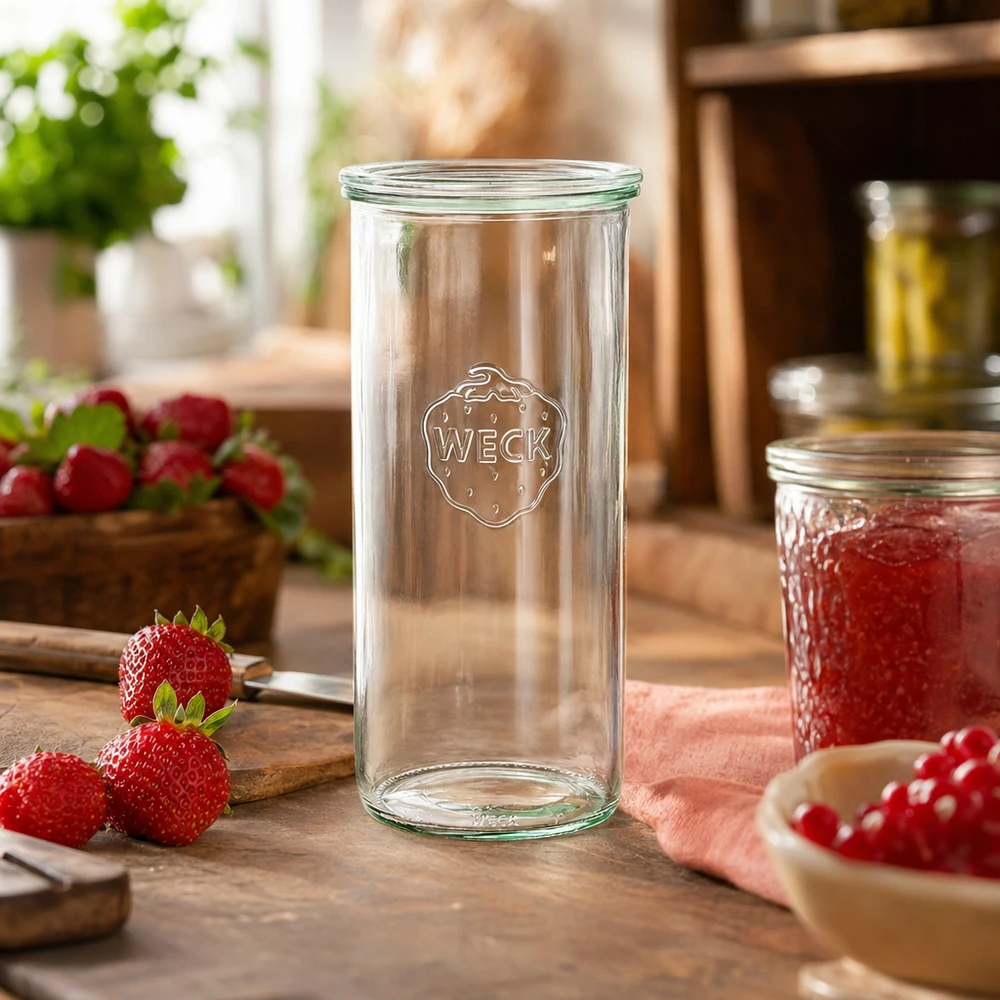 1500 ml Briller med glaslåg WECK RR100 WECK 1500 ml RR100-glas i et rustikt køkken med friske jordbær og marmelade som dekoration