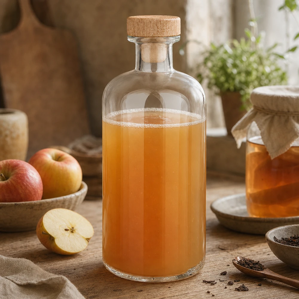 500 ml Apoteksflaske »Flora« med træhåndtag og prop UNiTWIST® Glasflaske Flora 500ml fyldt med æblecidereddike mellem friske æbler og krydderier på træbord rustikt køkken