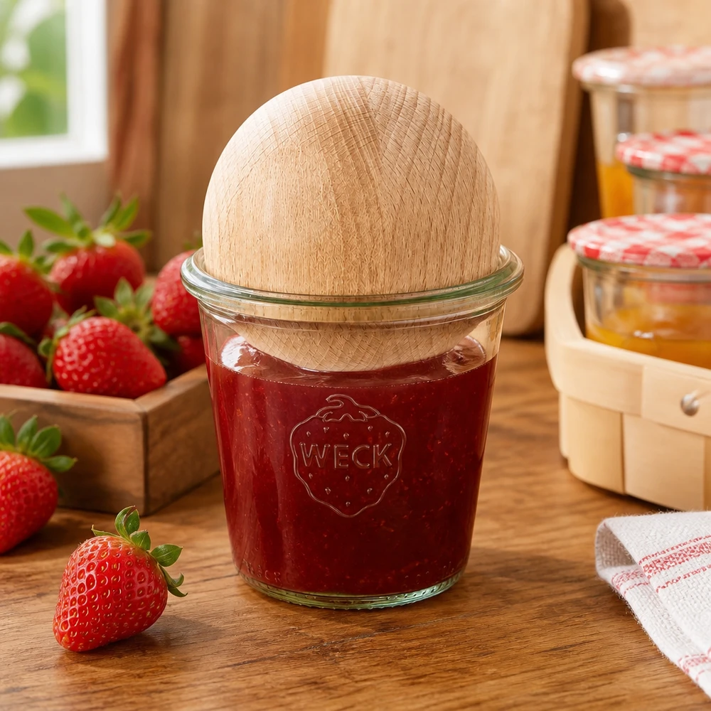 290 ml høje Briller WECK RR80 med trækugle af bøg WECK syltetøjsglas 290ml RR80 fyldt med jordbærmarmelade og kugleprop i træ lavet af bøg i køkkenet