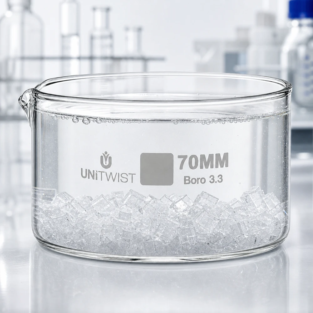 Krystalliseringsskål ø70mm borosilikatglas UNiTWIST UNiTWIST 70 mm Boro 3.3-krystalliseringsskål fyldt med isterninger i laboratoriemiljøet