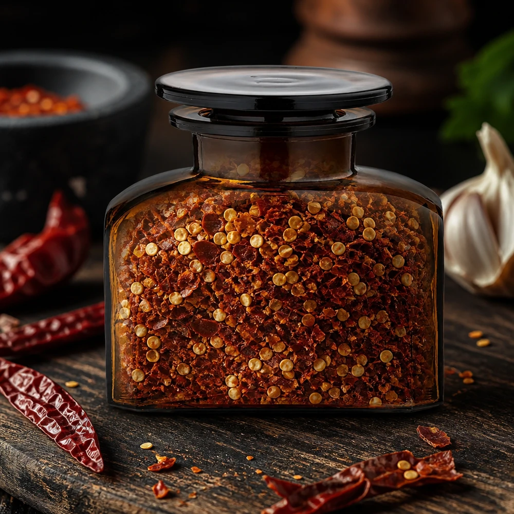Idé til krydderiglas: Firkantet apotekerflaske 150 ml med bred hals Apotekerflaske af brunt glas, 150 ml, med chiliflager og sennepsfrø på mørkt træ
