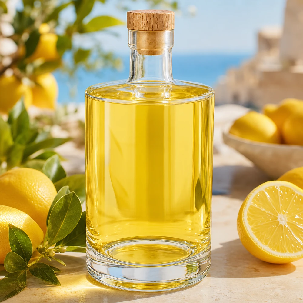 700 ml glasflaske »Marie« med træhåndtag UNiTWIST® 700 ml glasflaske med Marie med gult indhold og citroner arrangeret dekorativt på et udendørs træbord