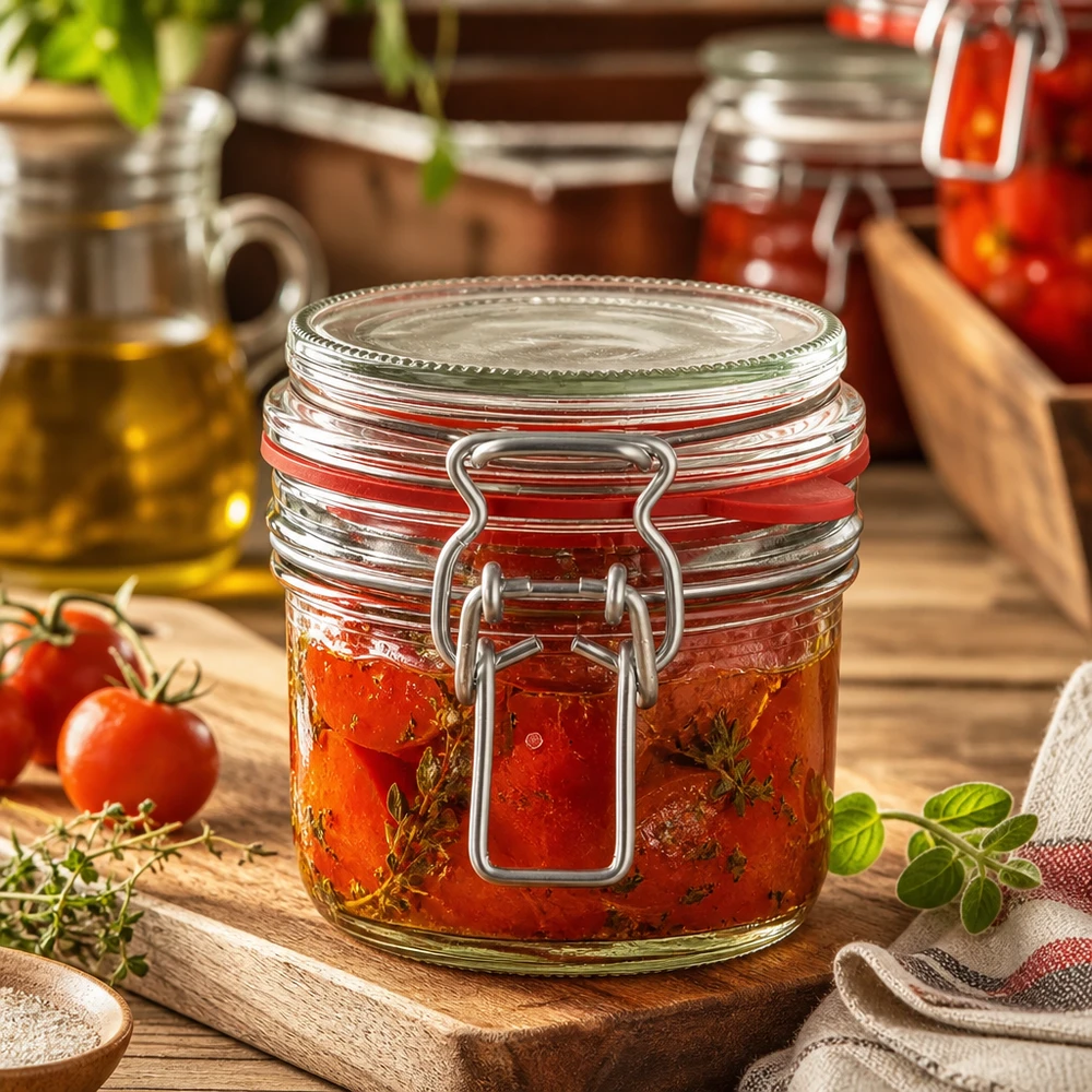 255 ml opbevaringsglas, type G, med bøjlelåg UN.. Einmachglas 255ml gefüllt mit eingelegten Tomaten und Kräutern, rustikale Küchendeko auf Holzbrett mit frischen Zutaten