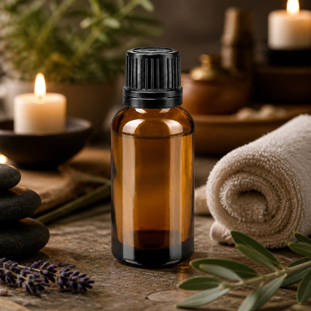Ravfarvet 20 ml glasflaske med rillet sort låg til aromaterapi og spa-stemning