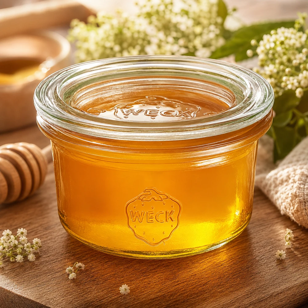50 ml Briller med glaslåg WECK RR60 WECK-glas 50 ml fyldt med honning ved siden af honningske og blomster naturligt præsenteret på et rustikt træbord
