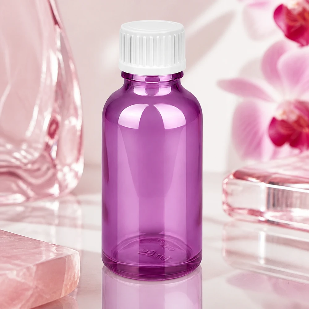 30 ml (kugle) flaske. 3 mm hældering hvid Standard PurpleLine. UT18/30 Lille 30 ml glasflaske i skinnende lilla, perfekt til parfume og æteriske olier