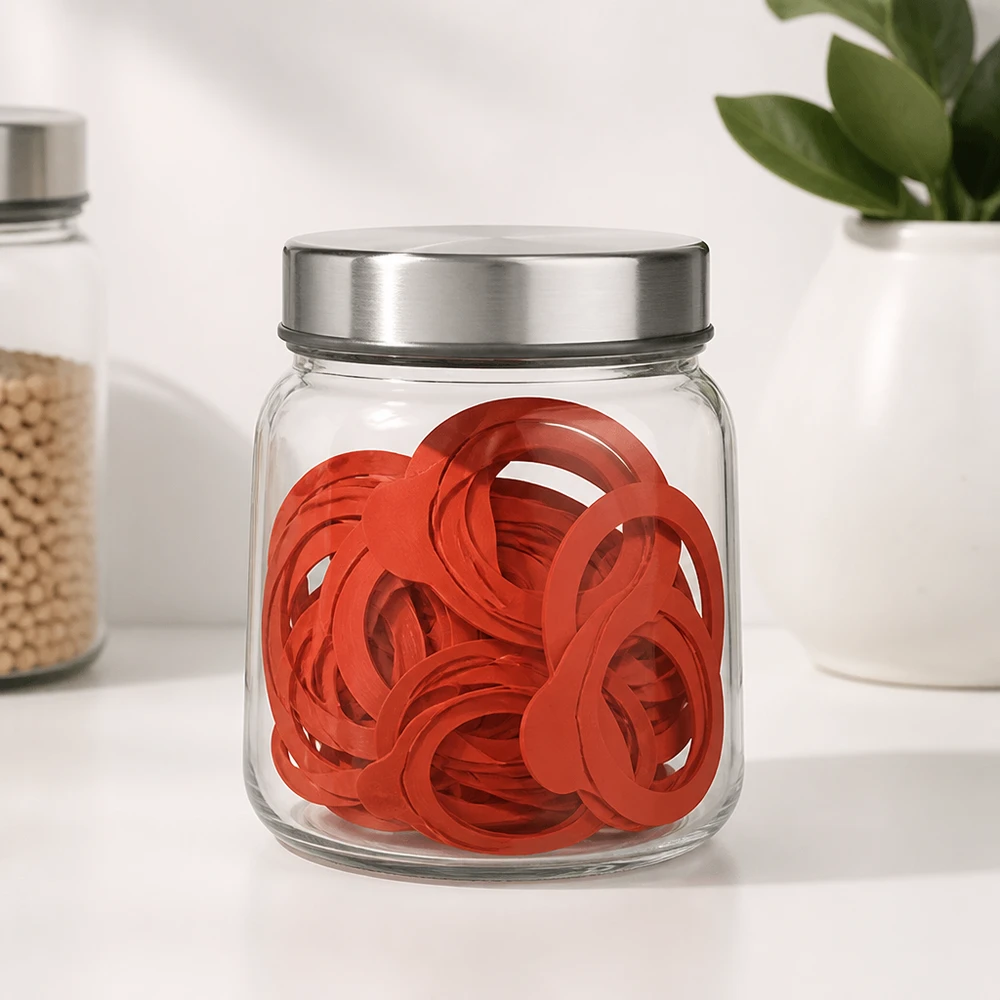 Kogende ring af naturgummi RR60 Konserveringsringe RR60 naturgummi orange i glaskrukke med metallåg moderne hvid køkkenopbevaring tætningsringe