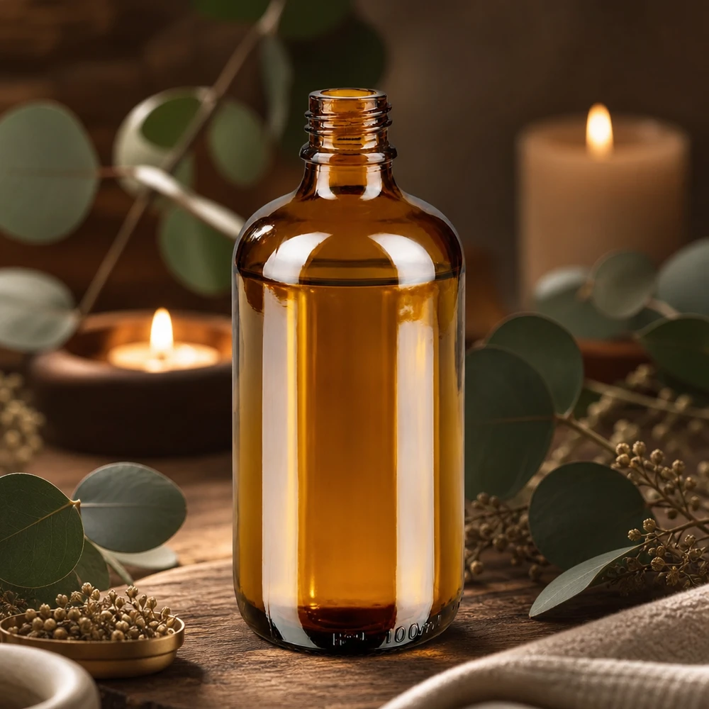 100 ml brun Apoteksflaske ApoGlas Brun ApoGlas-apoteksflaske 100 ml med æteriske olier, eukalyptus og stearinlys arrangeret dekorativt
